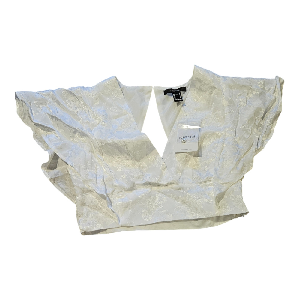Forever 21 Small White Flutter Sleeve V-Neck Cropped Shirt